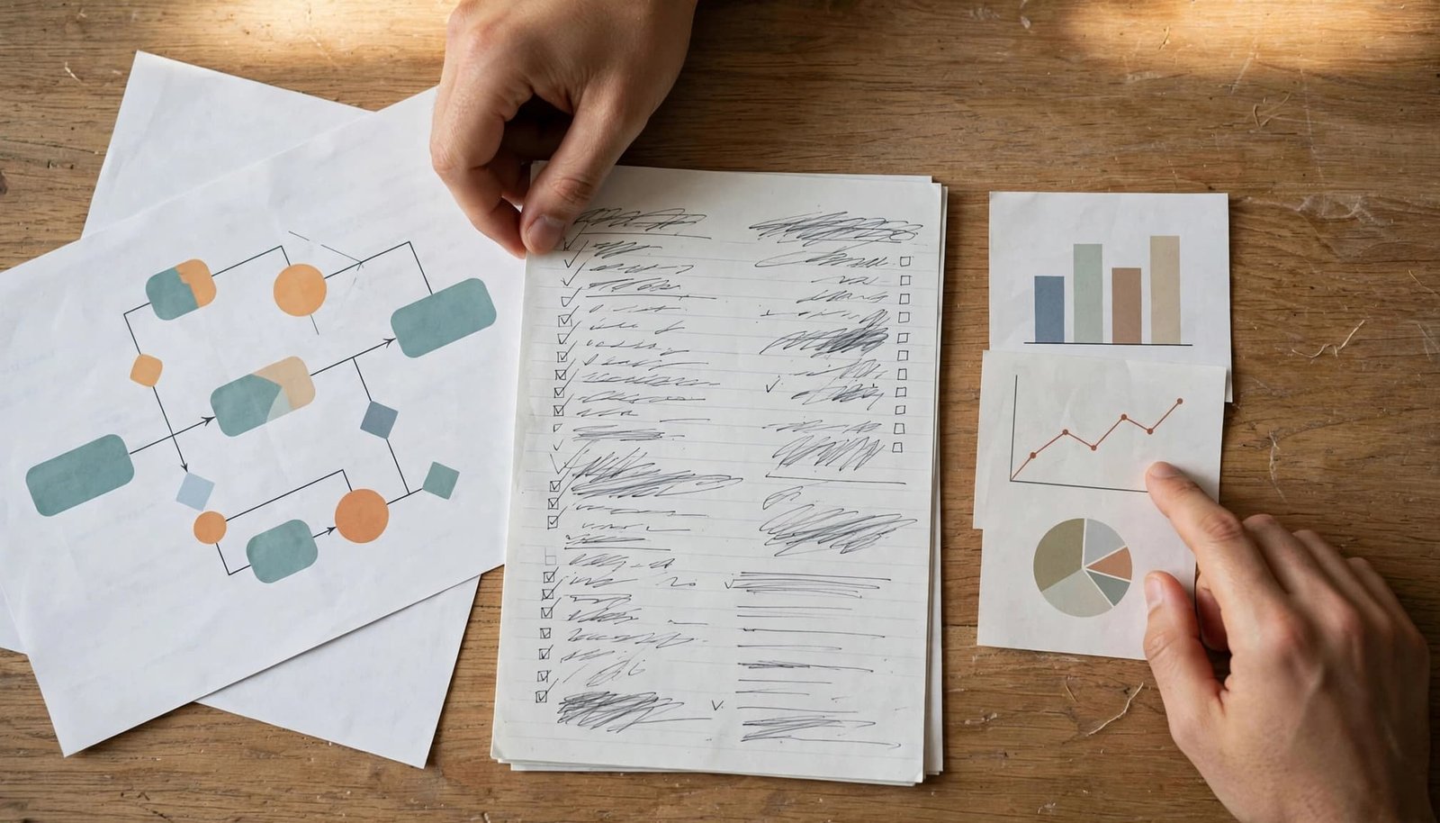 Two hands compare a process map, interview notes, and small charts on a table.