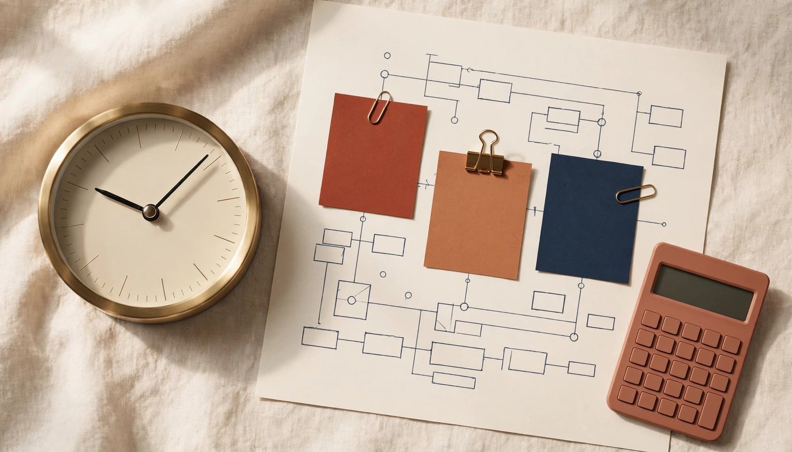 A still life showing a gold clock, a project plan with colored cards, and a calculator.