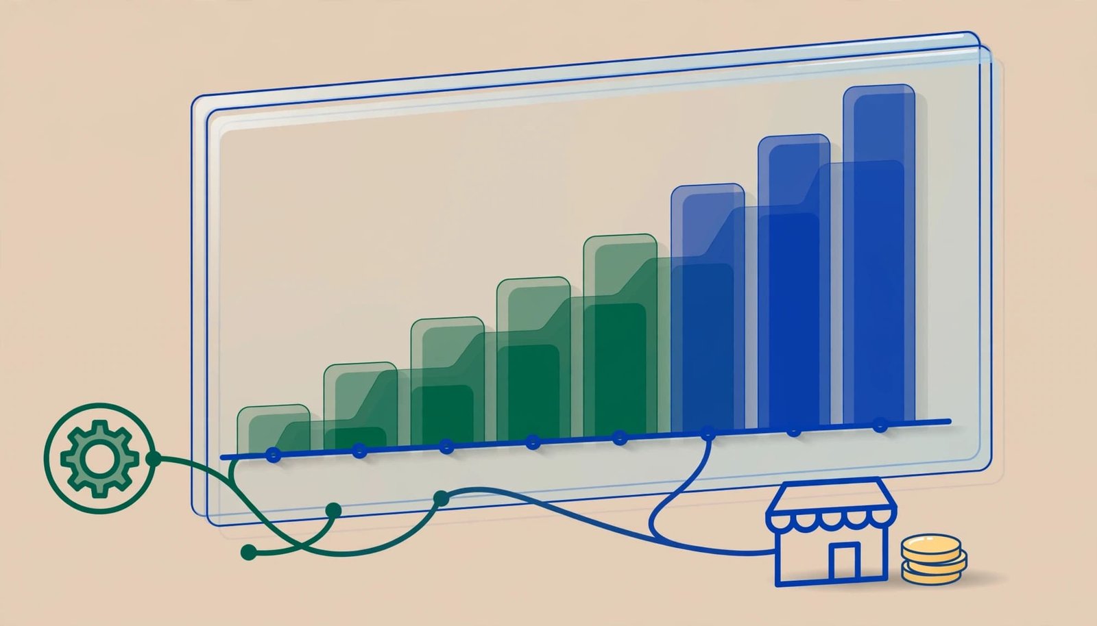 Editorial vector illustration of a transparent business dashboard with rising bars and a store icon with coins.