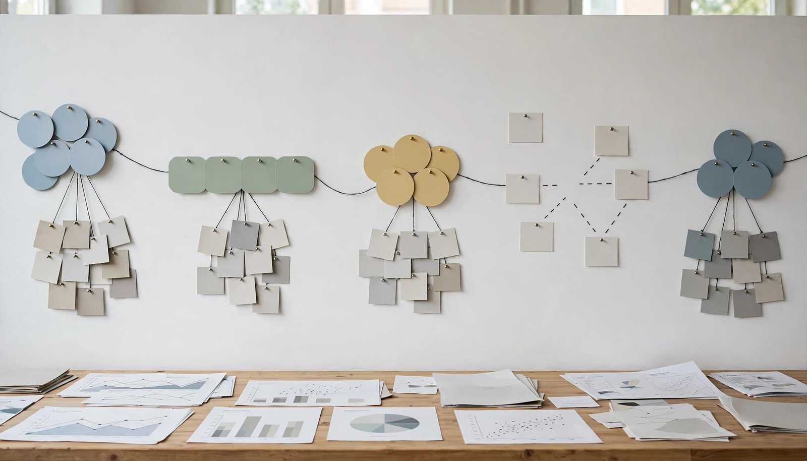 A wall journey map links research cards and notes, with blank cards marking gaps.
