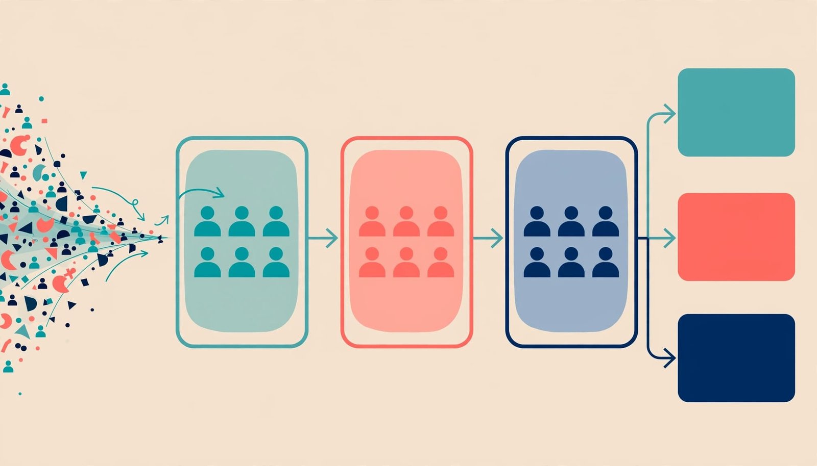 A vector illustration showing abstract customer icons flowing into three cohorts and three colored cards.