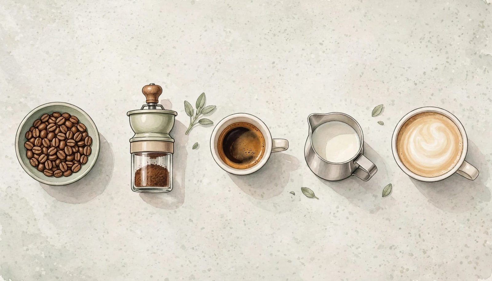 An overhead watercolor illustration of an espresso preparation sequence on a pale stone counter.