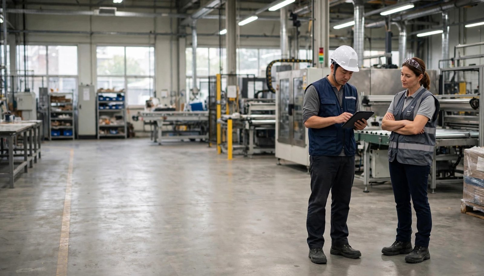 A worker uses a tablet as a supervisor watches on a factory floor.
