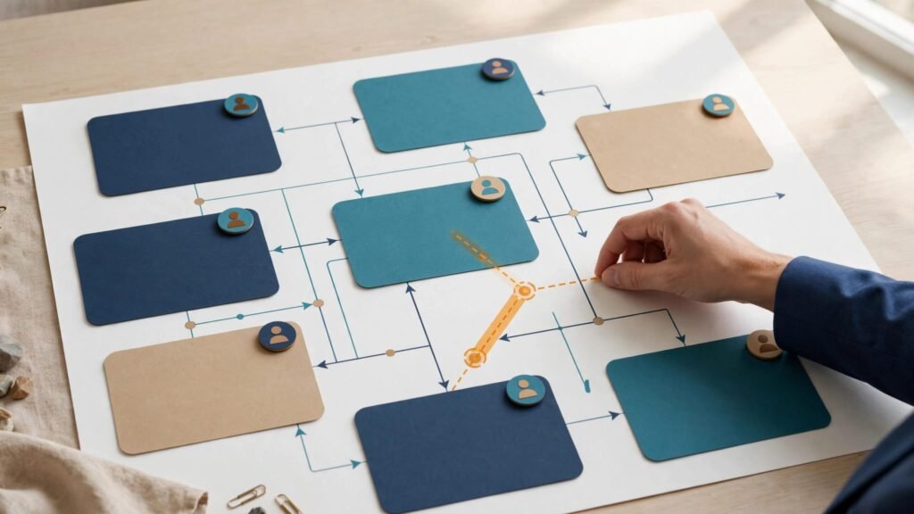 A consultant adjusts a connection on a color-coded project dependency map.