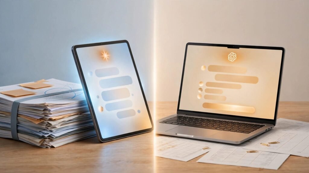 Reports and an interface sit opposite a laptop, spreadsheets, and research papers.