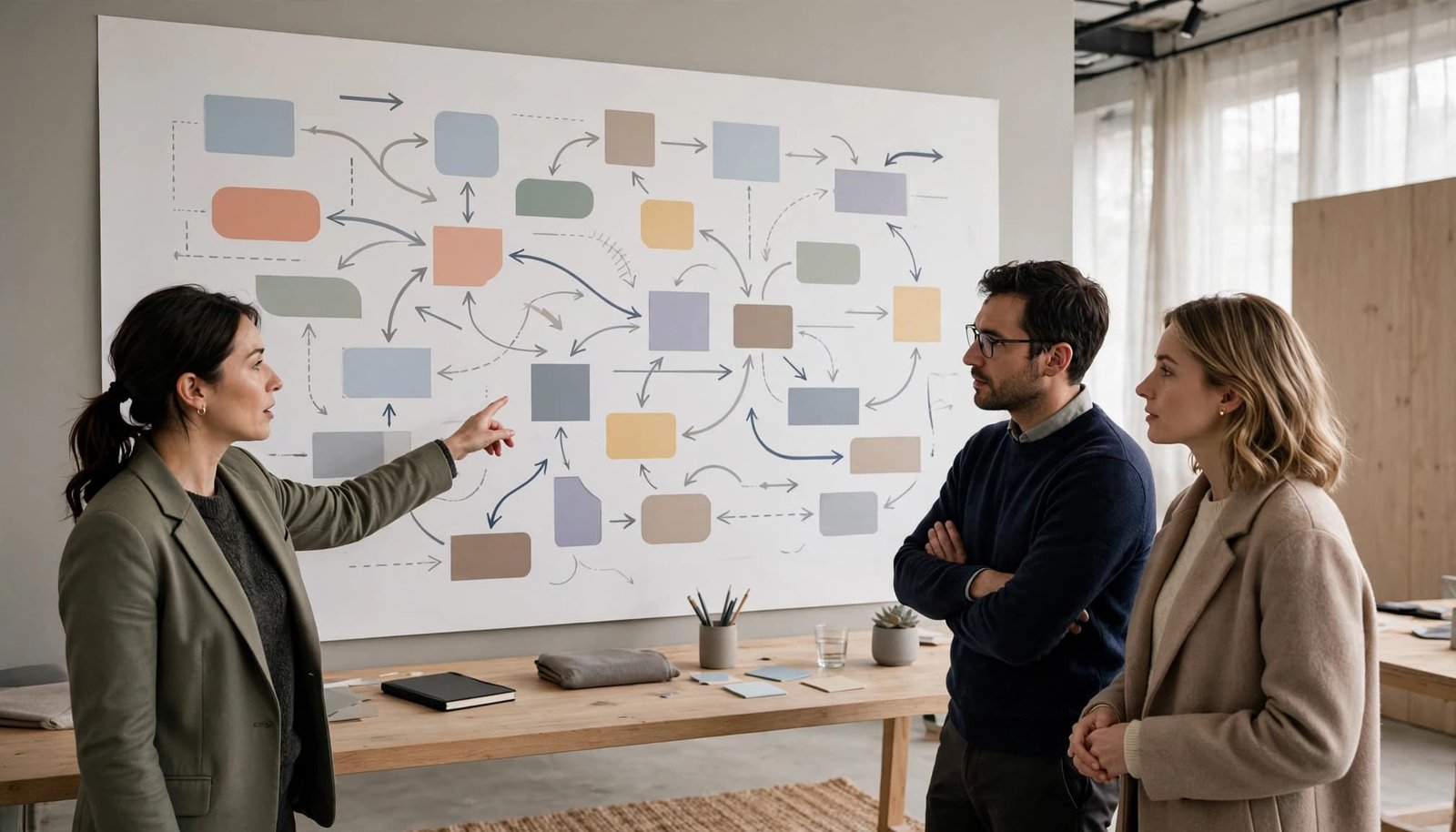 A facilitator points to a diagram while two colleagues watch in a modern workshop.
