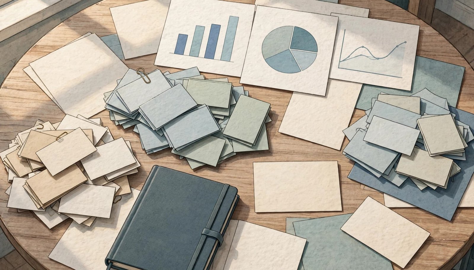 Paper cards, aggregate charts, a closed notebook, and a blank card on a round table.