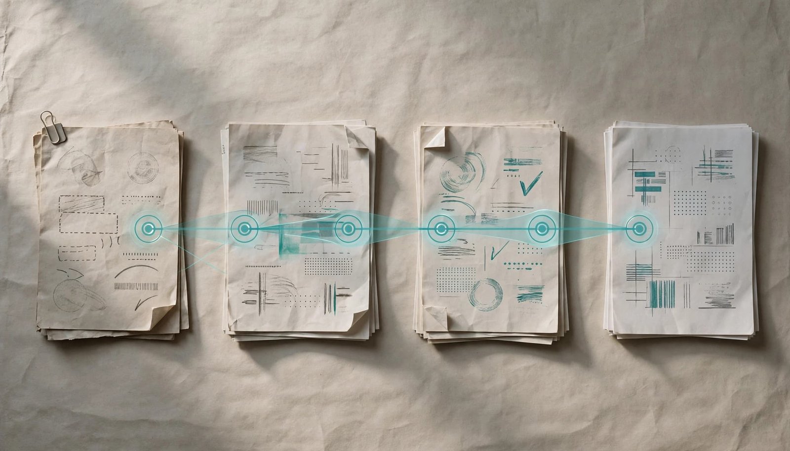 Four paper records are linked in sequence by a transparent node overlay.