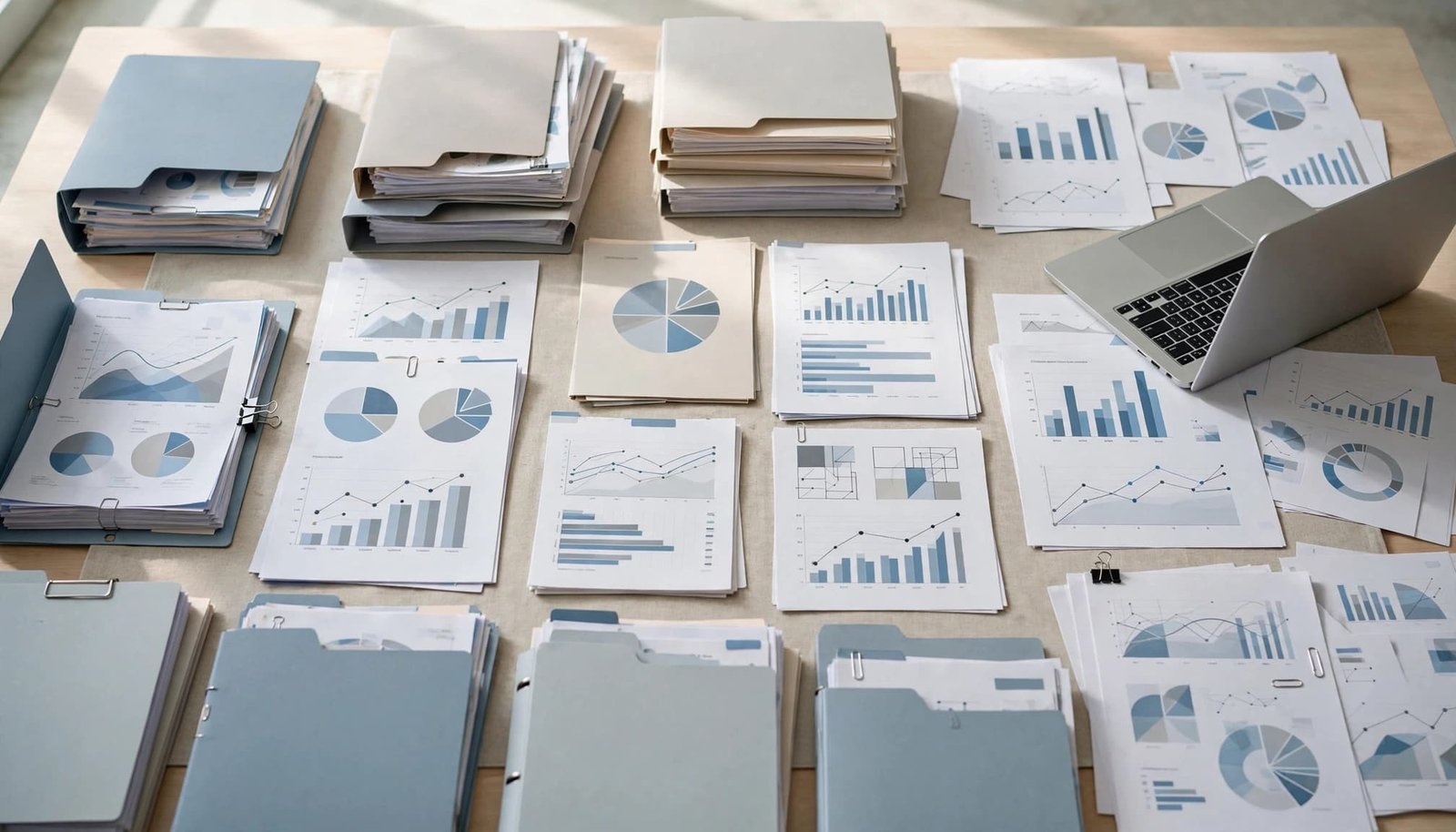 Folders of invoices and purchase orders sit beside an open laptop and blue charts.