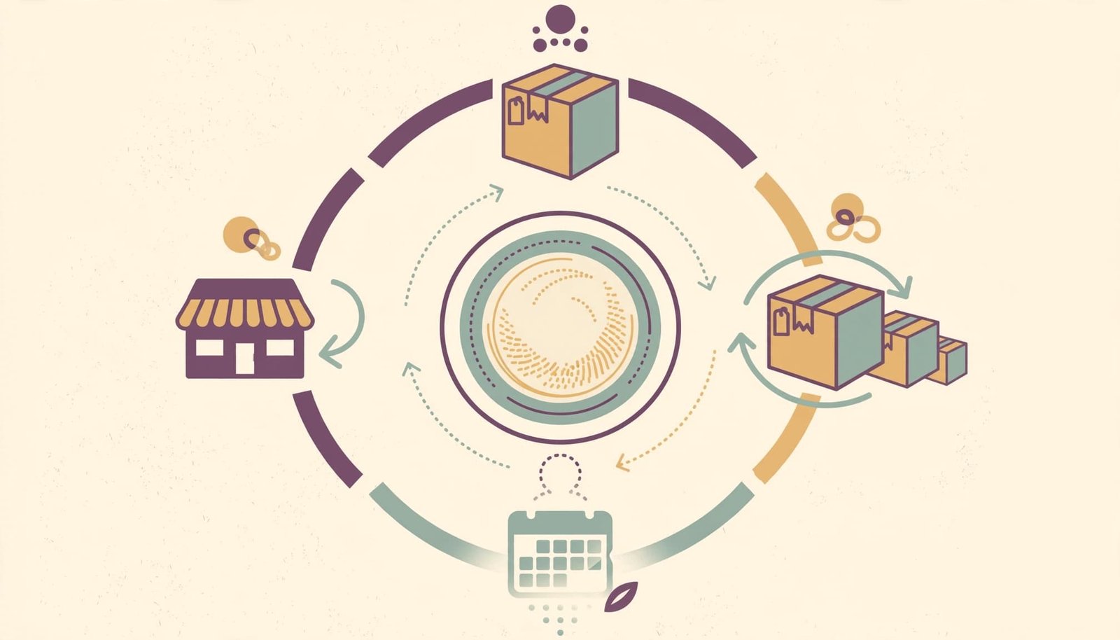 A circular timeline illustration with parcels, a storefront, and a calendar representing customer lifecycle moments.