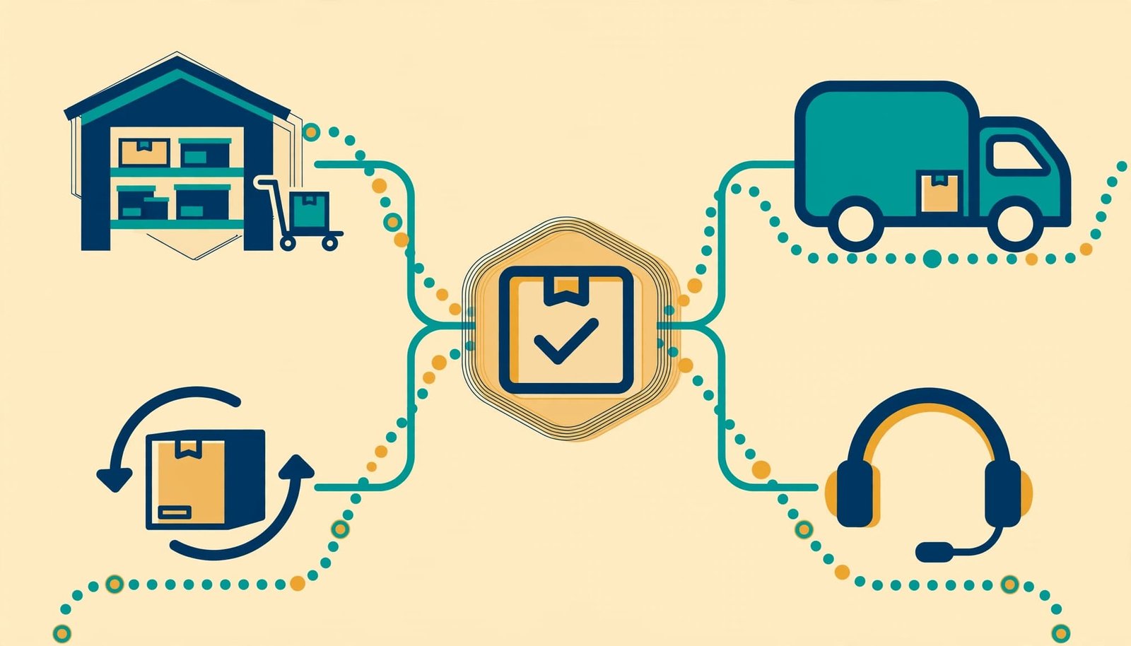 A vector illustration of a supply chain workflow with a central order icon branching to a warehouse, truck, returns, and headset.