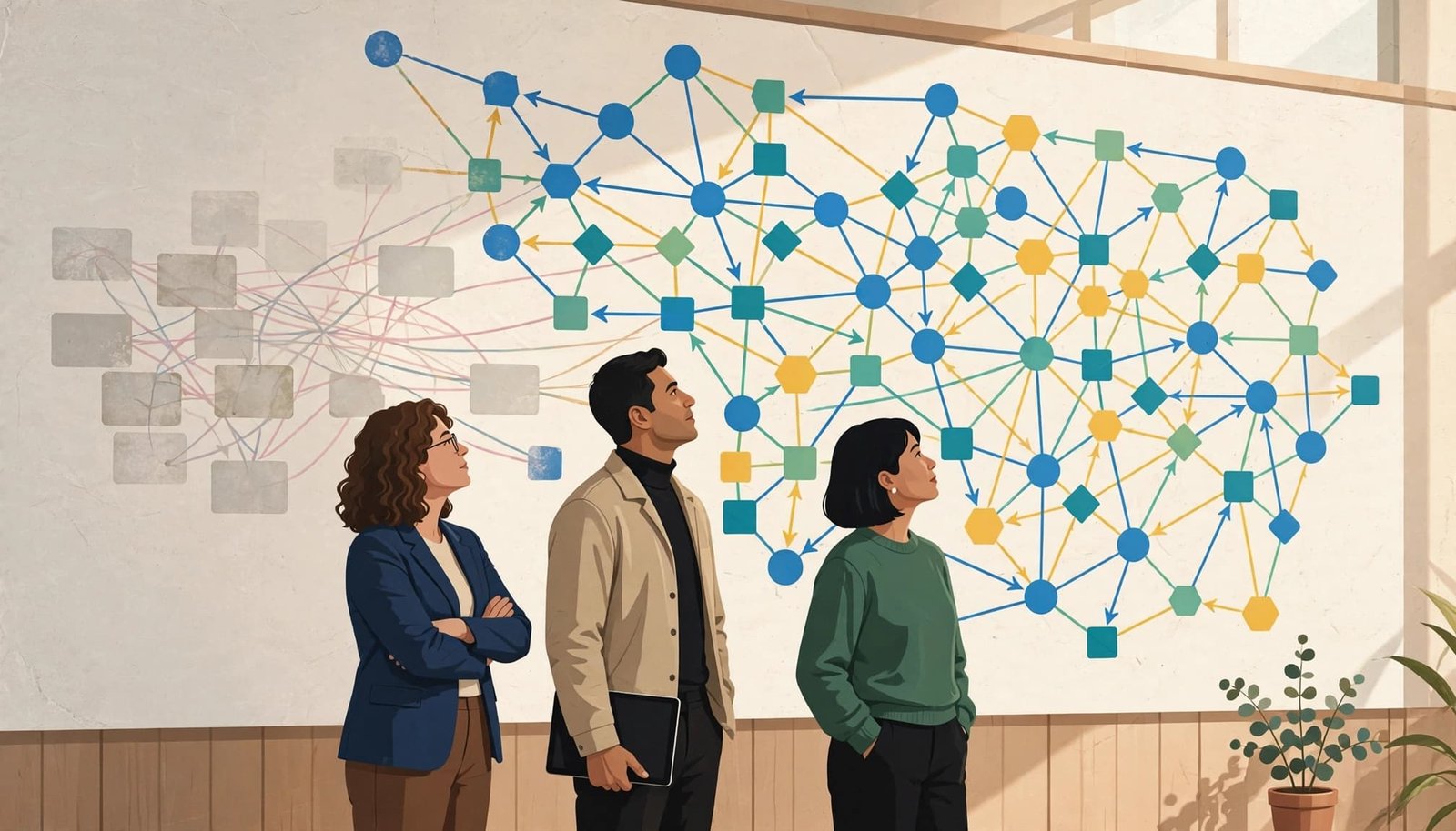 Three people stand reviewing a large dependency map on a wall with geometric nodes and lines.