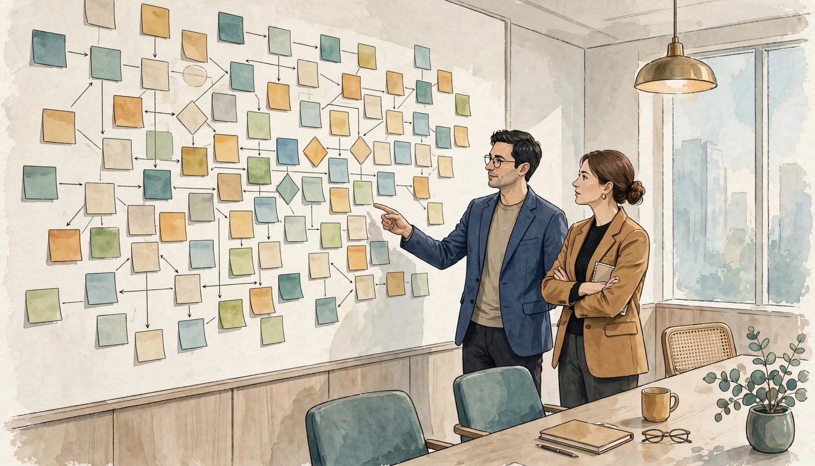 An editorial illustration of two people reviewing a process map on a wall in a meeting room.
